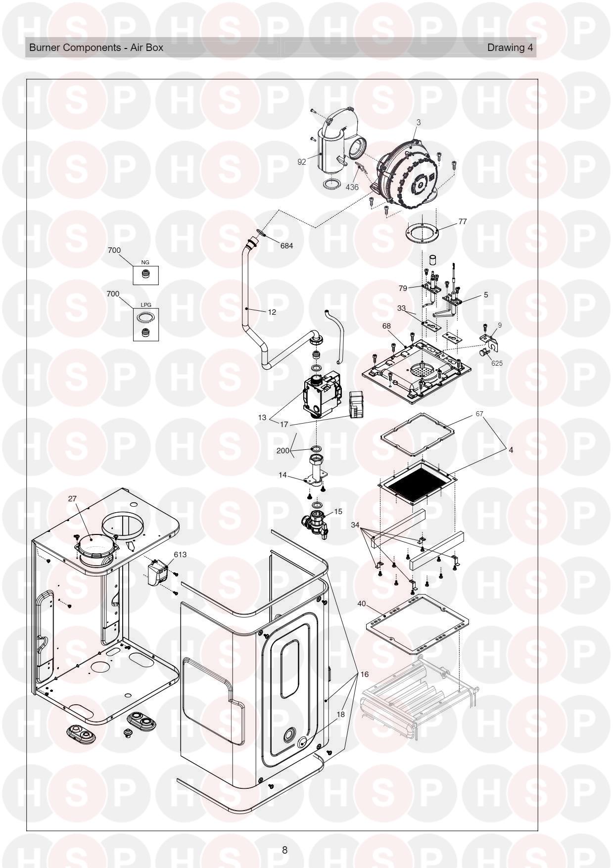 Burner Air Box diagram for Vokera Compact 29 A DIN ERP Rev 10 (06/2019)