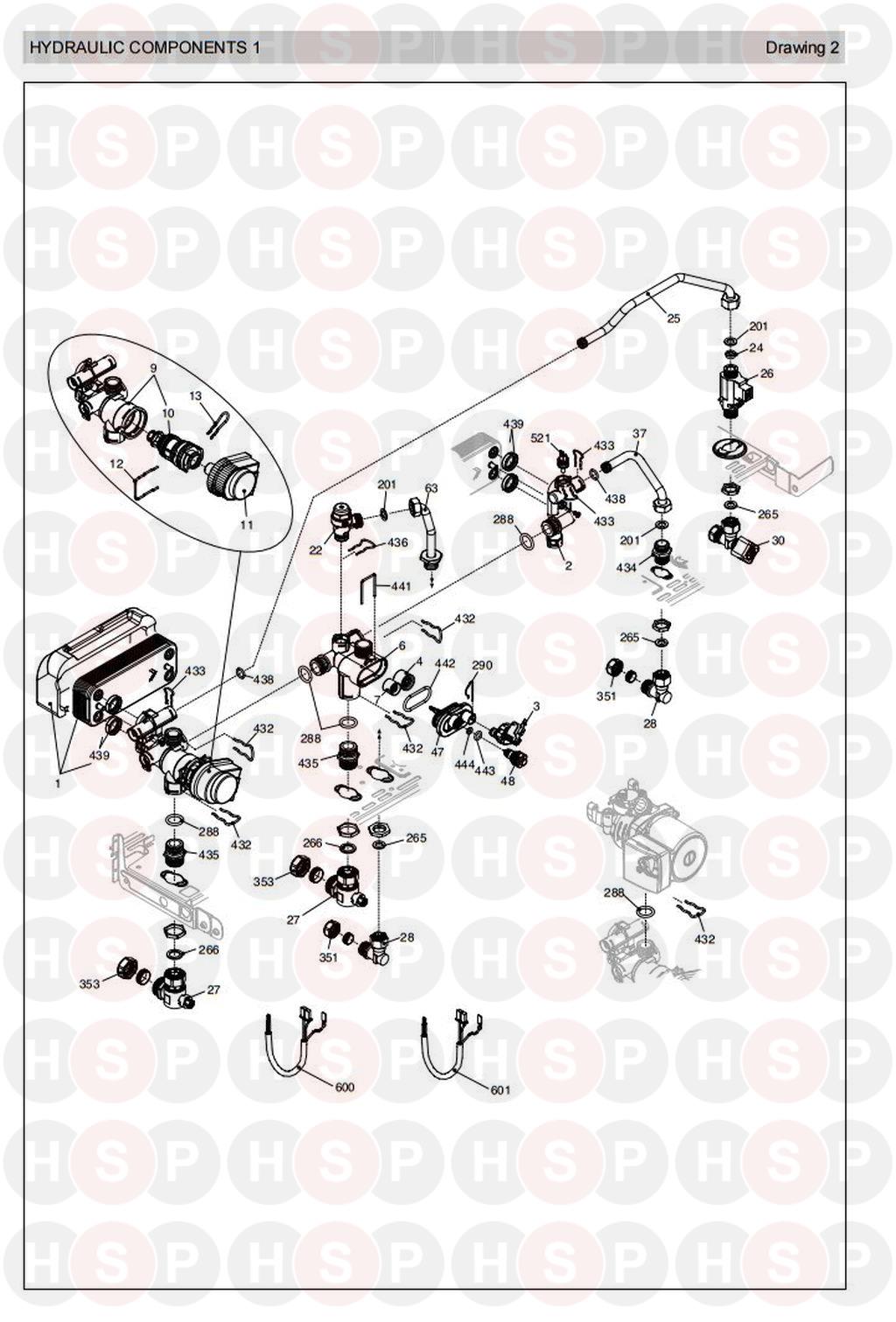 Hydraulics 1 diagram for Vokera Sabre 25 HE Plus (Old Version Pre 2007) Rev 2 (03/07)