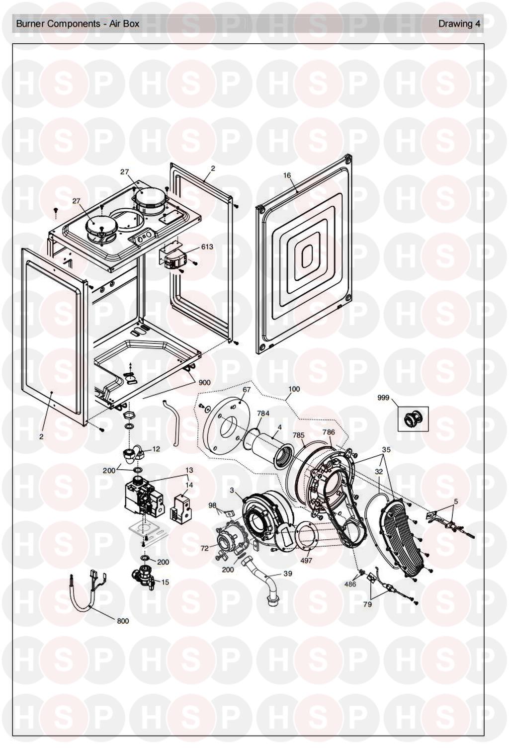 Burner Air Box diagram for Vokera Unica i28 Rev 8 (06/0215)