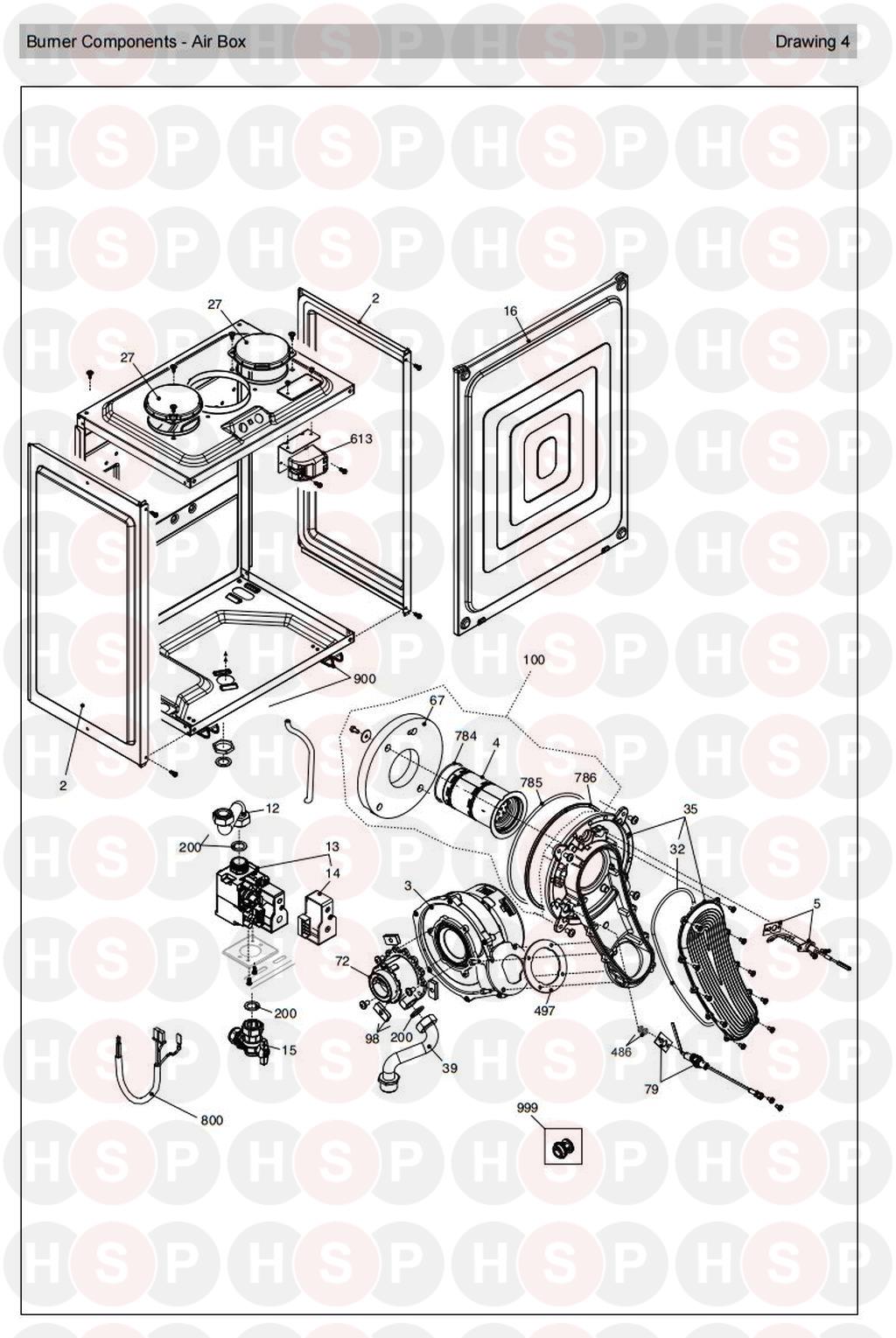 Burner Air Box diagram for Vokera Unica i36 Rev 3 (07/2014)