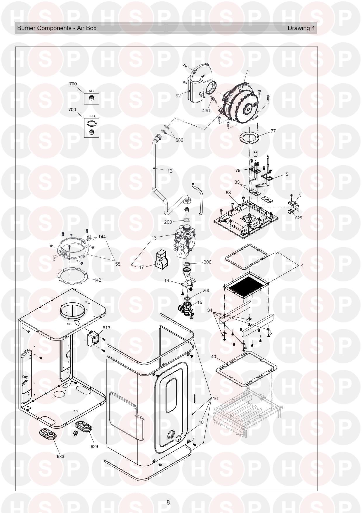 Burner Air Box diagram for Vokera Compact 32 A DIN Rev 0 (07/2019)