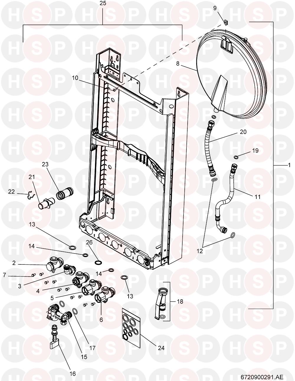 Wall Jig &amp; Hydraulic Connections diagram for Worcester Greenstar 18 i System
